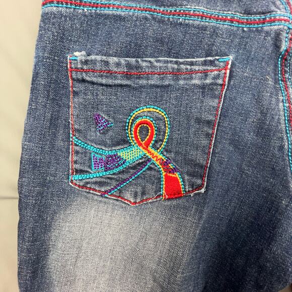 Queen Maker Low Rise Flare Jeans Blue Stretch Y2K Embroidered Pockets Sz 3 - Picture 6 of 8